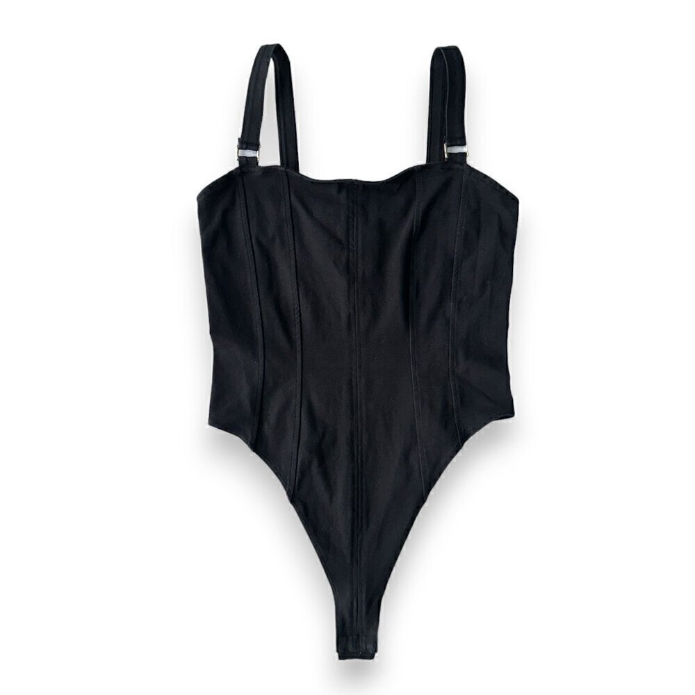 H&M WOMENS BLACK SQUARE NECK THONG BODYSUIT WITH SILVER ACCENTS SIZE US S